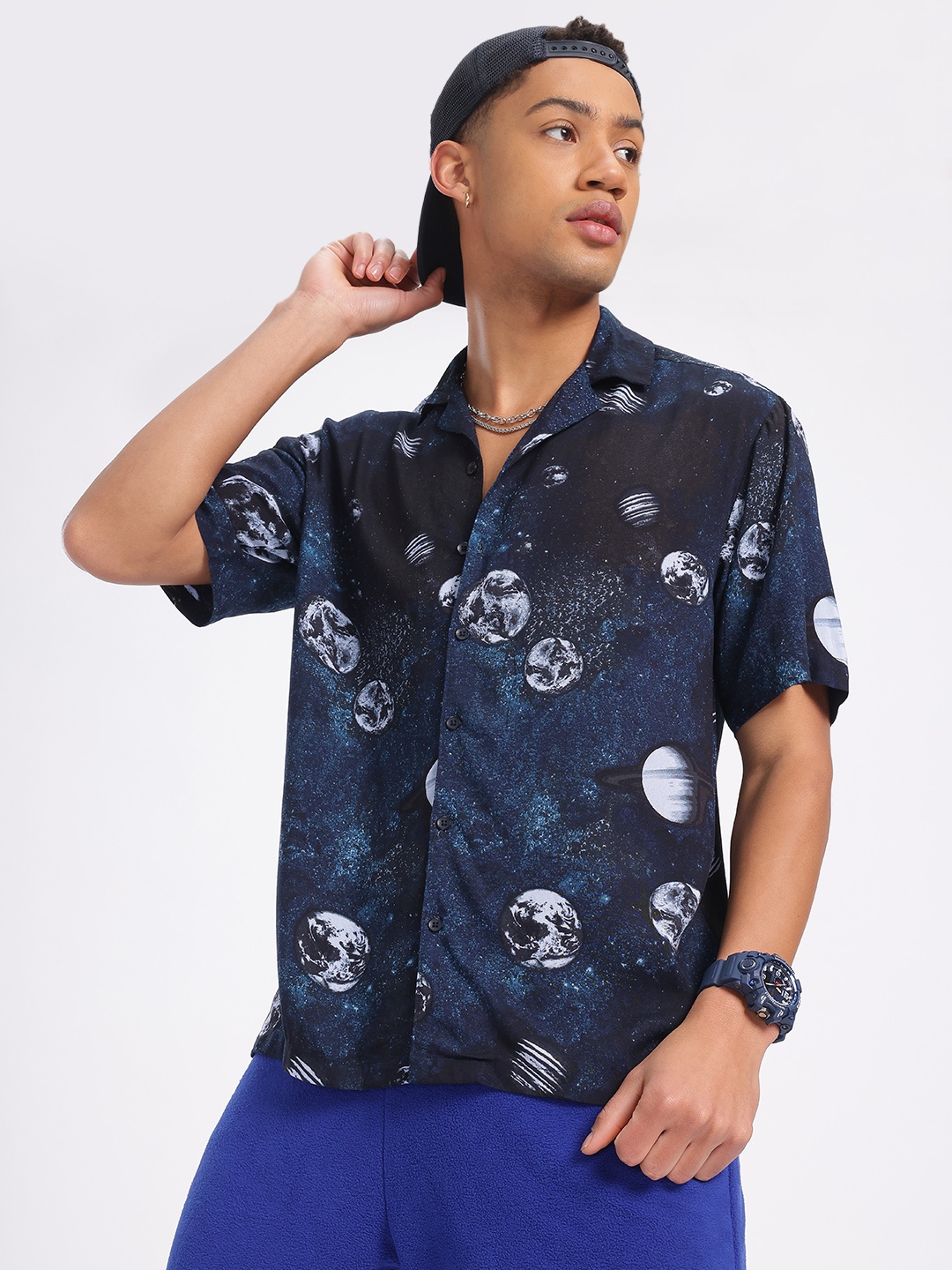

glitchez Galaxy Graphics Print Cuban Collar Oversized Casual Shirt, Black