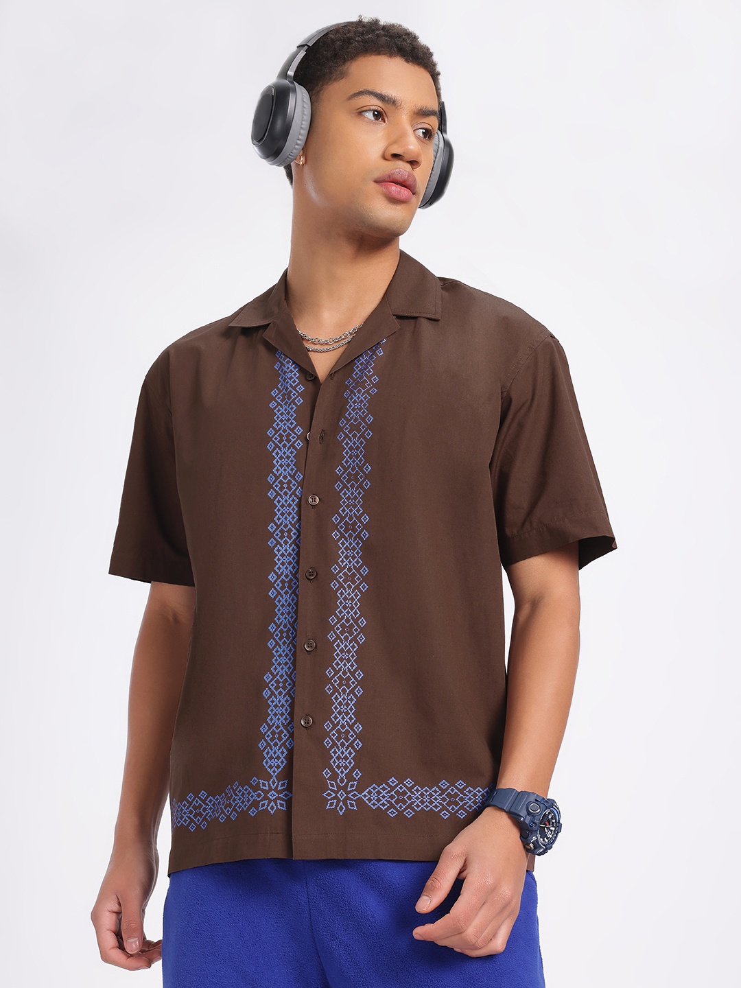 

glitchez Ethnic Flair Dainty Collar Oversized Cotton Shirt, Brown
