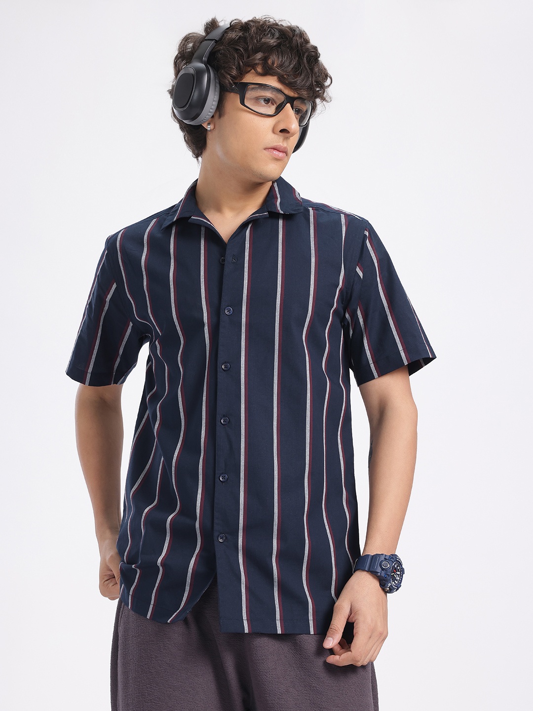 

glitchez Never Out Of Stripes Oversized Cotton Shirt, Navy blue