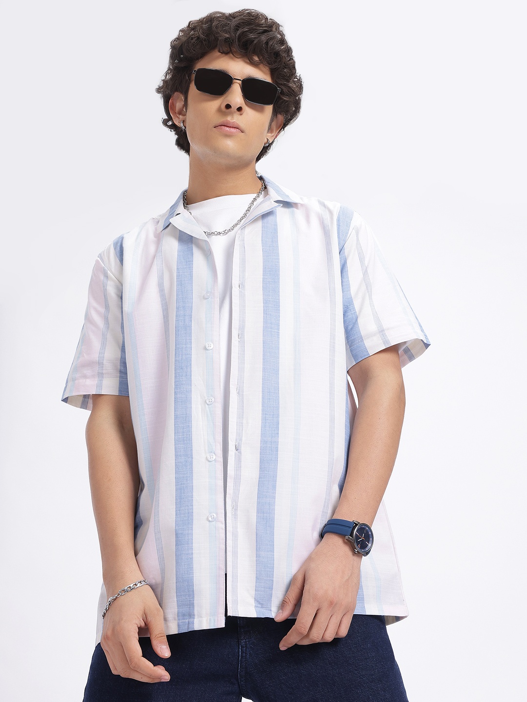 

glitchez Chill Stripes Cuban Collar Relaxed Shirt, White