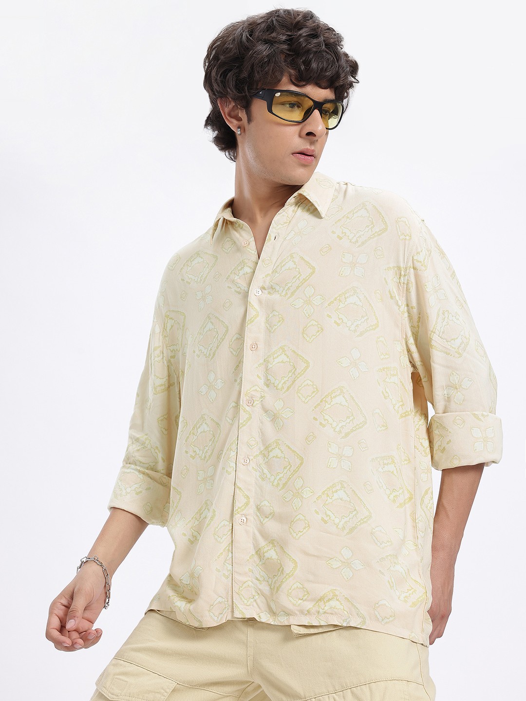 

glitchez Geo Whimsy Printed Relaxed Shirt, Beige