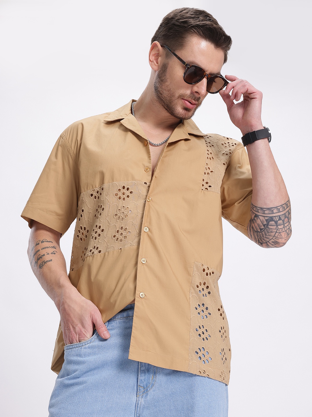 

glitchez Schiffli Elegance Embroidered Pure Cotton Relaxed Fit Shirt, Khaki