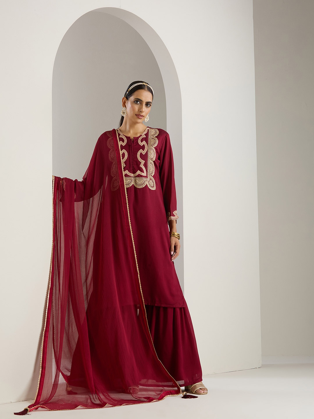 

Ishin Maroon Ethnic Motifs Embroidered Straight Kurta With Sharara & Dupatta