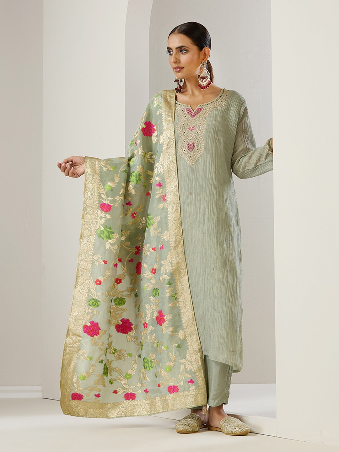 

Ishin Green Ethnic Motifs Embroidered Chanderi Silk Straight Kurta With Trousers & Dupatta
