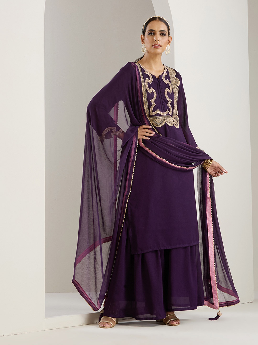 

Ishin Purple Ethnic Motifs Embroidered Chinon Straight Kurta With Sharara & Dupatta