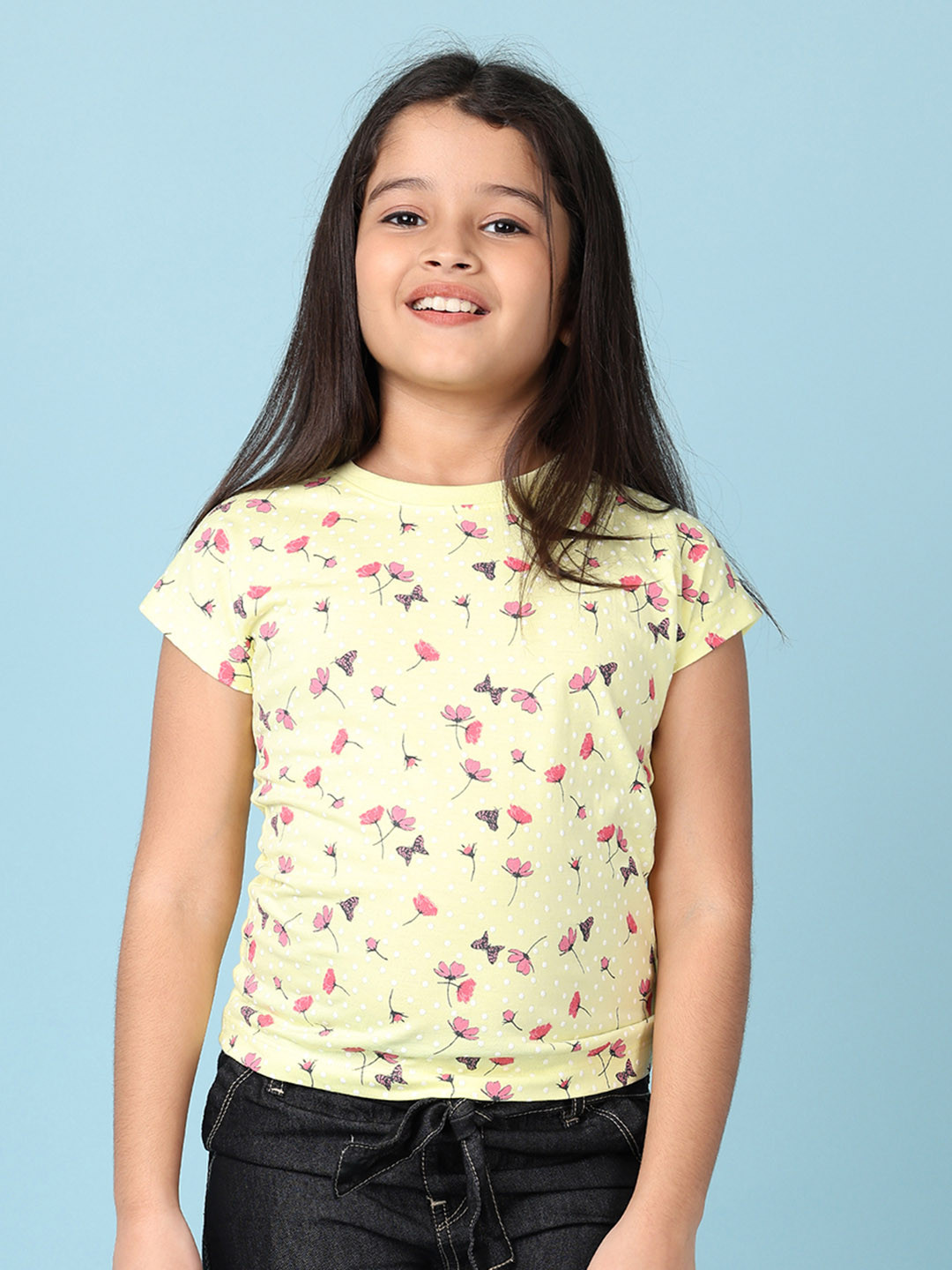 

V-Mart Girls Floral Printed Round Neck Cotton T-shirt, Yellow