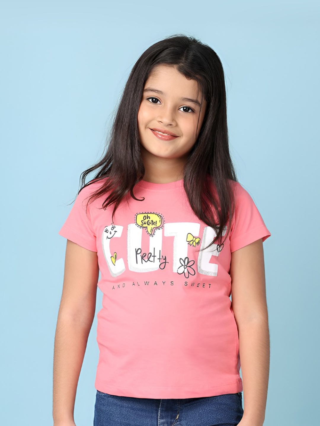 

V-Mart Girls Graphic Printed Round Neck Cotton T-shirt, Pink