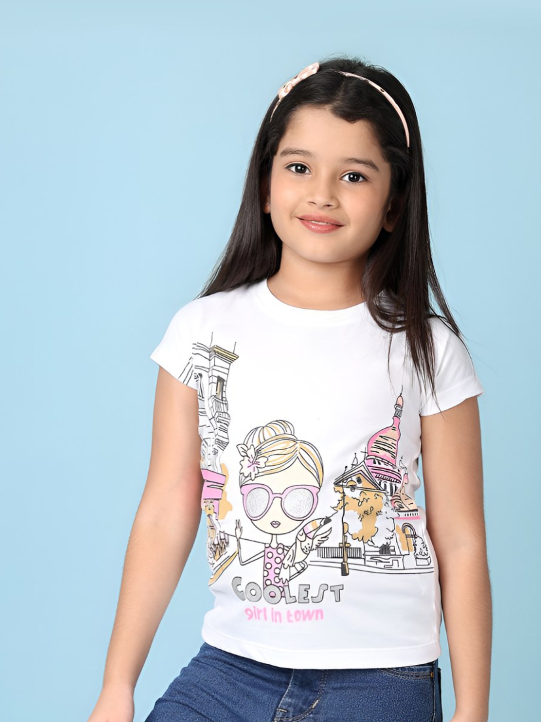 

V-Mart Girls Graphic Printed Round Neck Cotton T-shirt, White