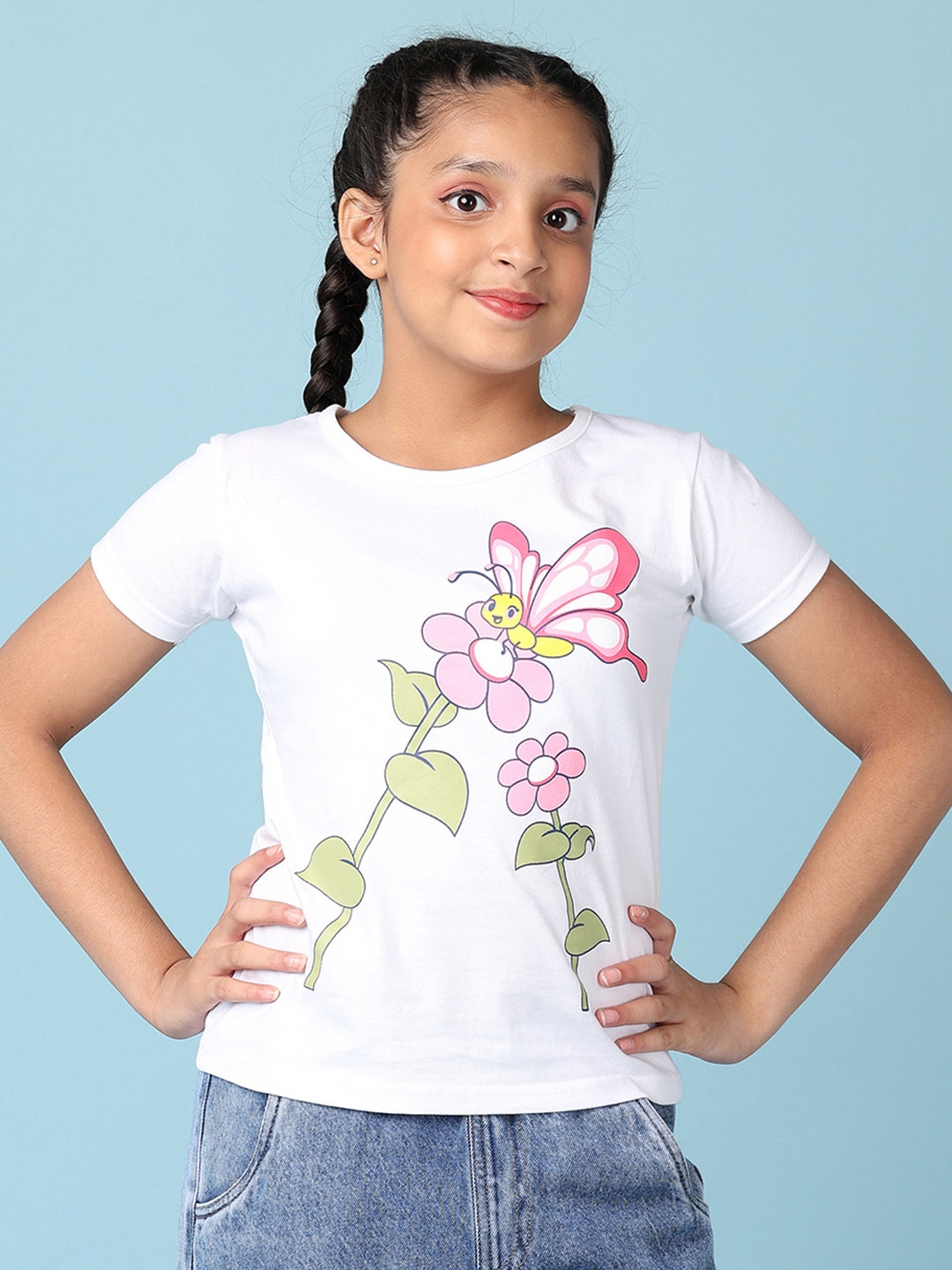 

V-Mart Girls Floral Printed Round Neck Cotton T-shirt, White