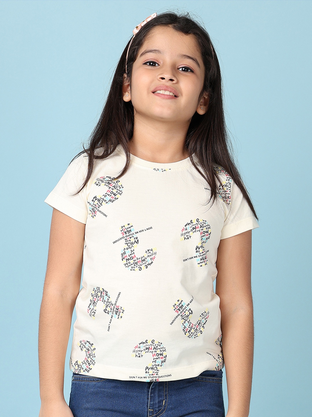 

V-Mart Girls Typography Printed Round Neck Cotton T-shirt, Off white