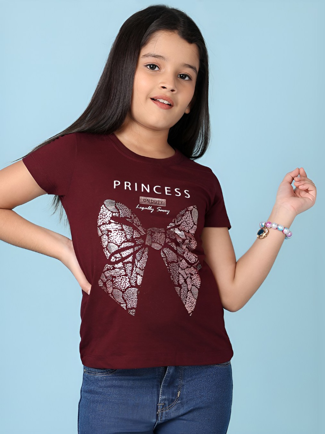 V-Mart Girls Graphic Printed Round Neck Cotton T-shirt, Maroon
