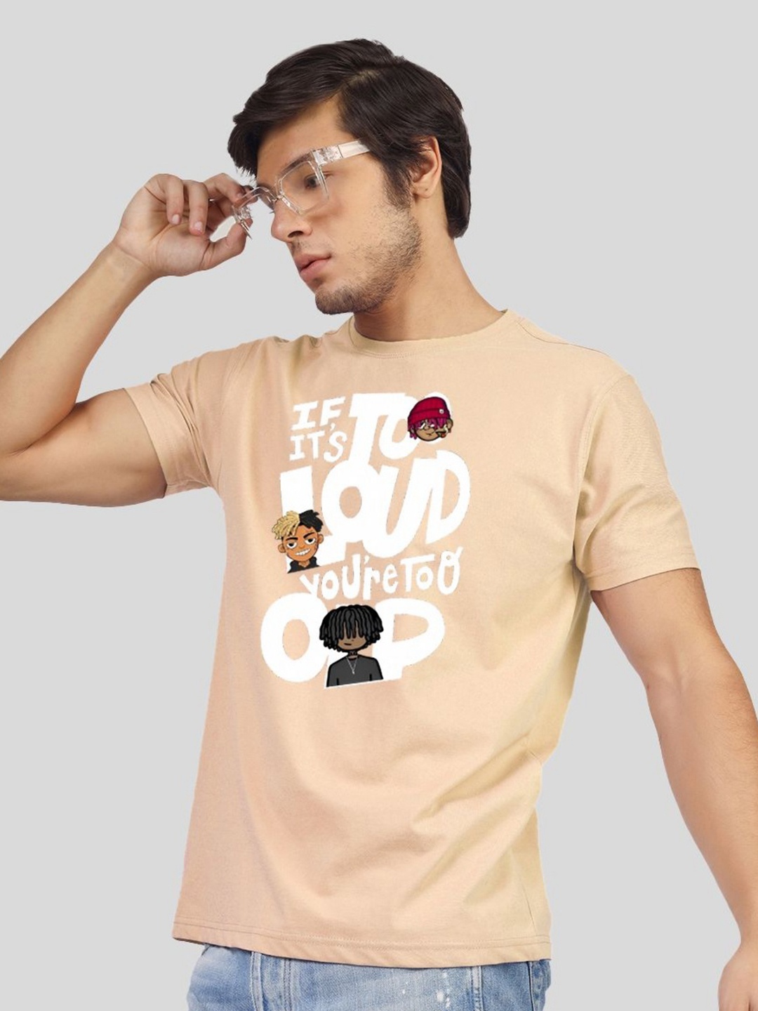 

Greylongg Men Graphic Printed Round Neck Cotton T-shirt, Beige
