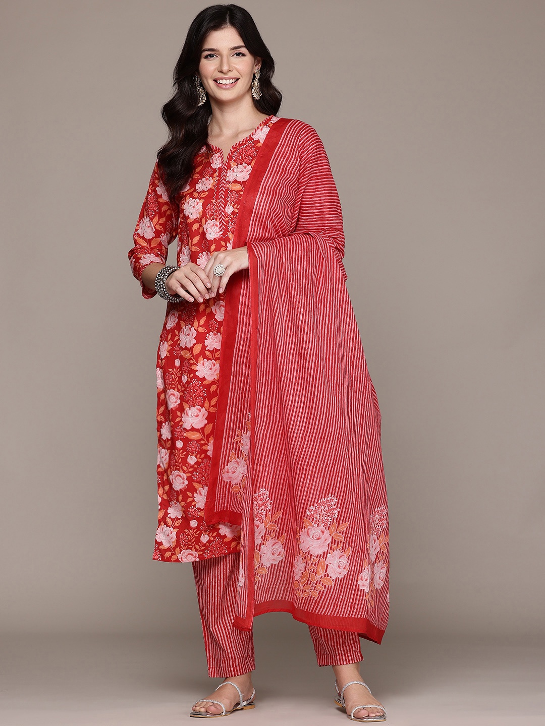 

Readiprint Floral Printed Sequinned Pure Cotton Kurta with Trousers & Dupatta, Red
