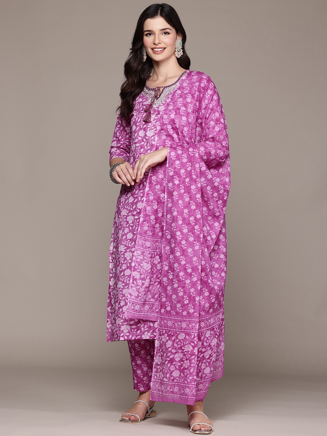 

Readiprint Floral Printed Pure Cotton Kurta with Palazzos & With Dupatta, Purple