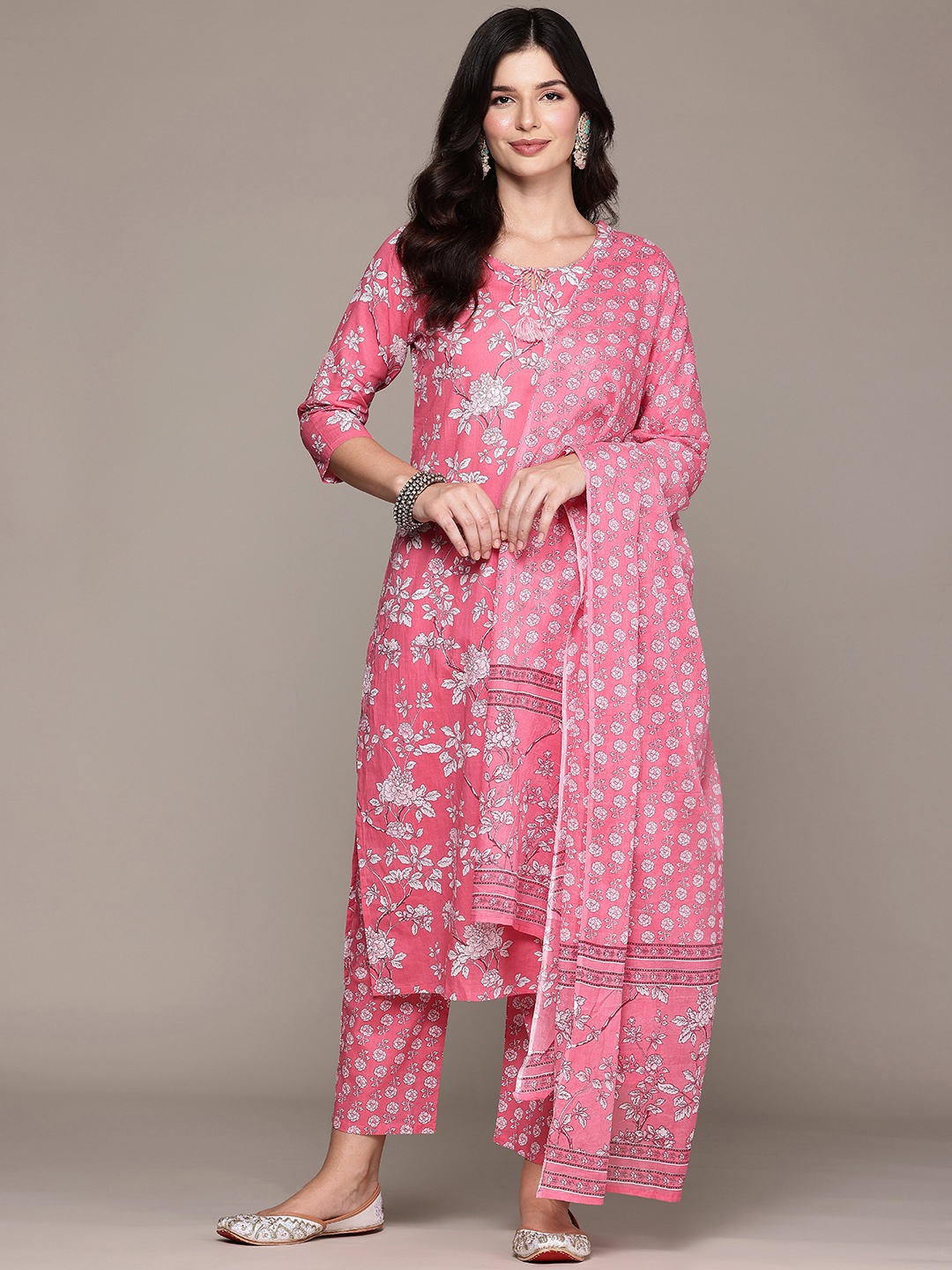 

Readiprint Floral Printed Sequinned Pure Cotton Kurta with Palazzos & Dupatta, Pink