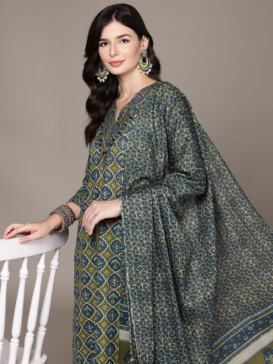 Readiprint Floral Printed Thread Work Pure Cotton Kurta with Palazzos & Dupatta, Olive
