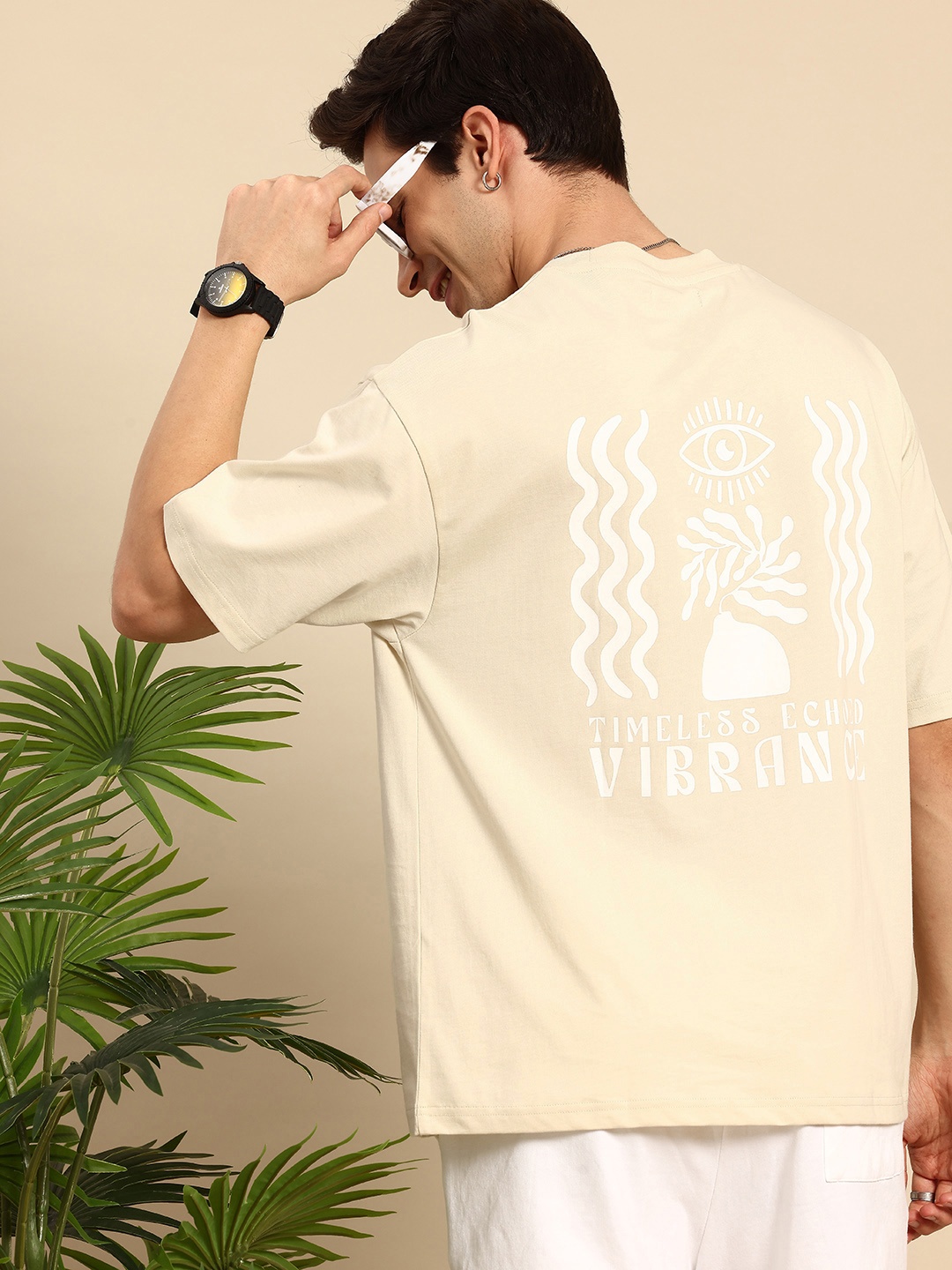 

Mast & Harbour Graphic Printed Drop-Shoulder Sleeves Oversized Pure Cotton T-shirt, Beige