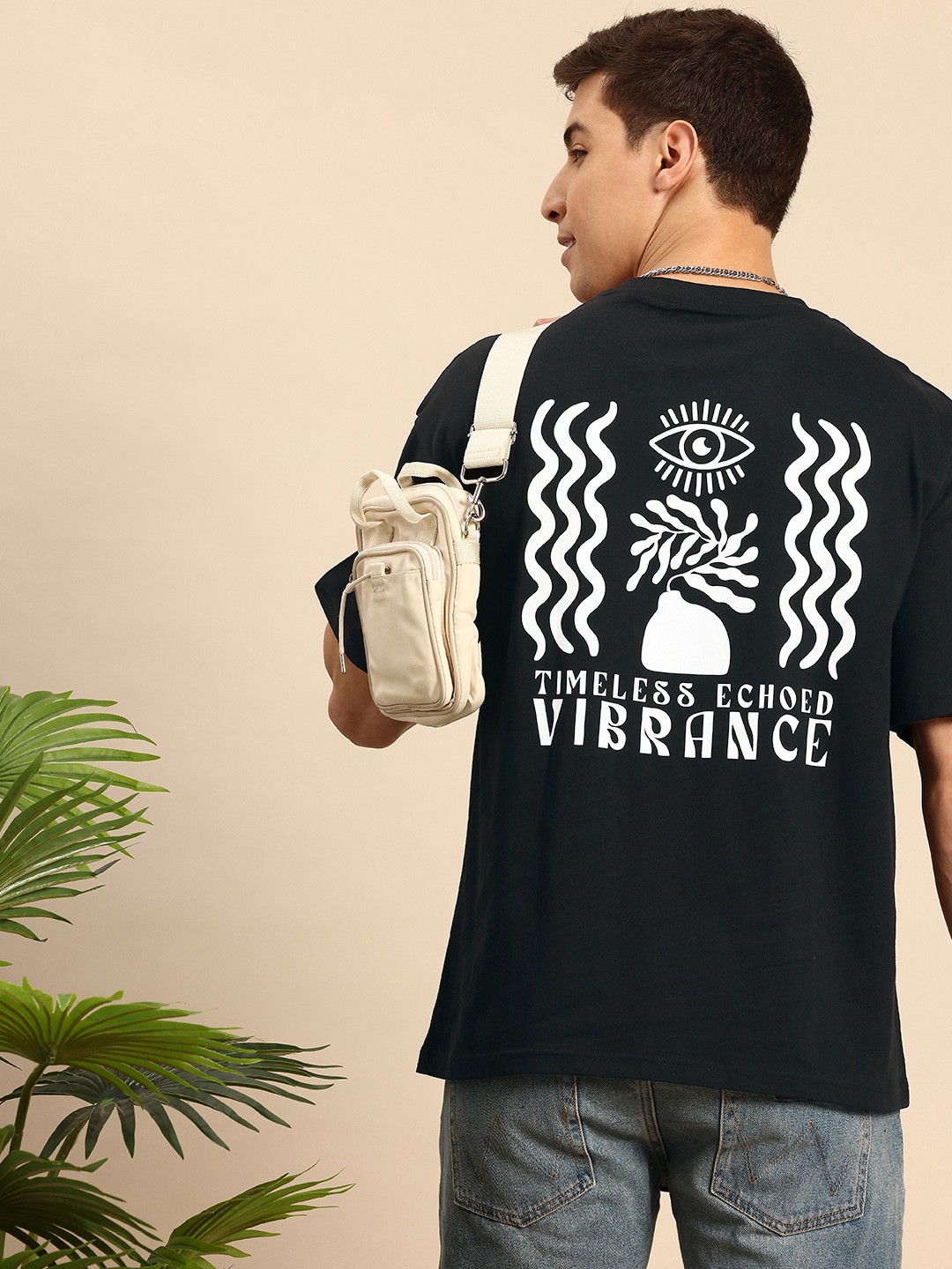 

Mast & Harbour Pure Cotton Graphic Printed Drop-Shoulder Sleeves Oversized T-shirt, Black