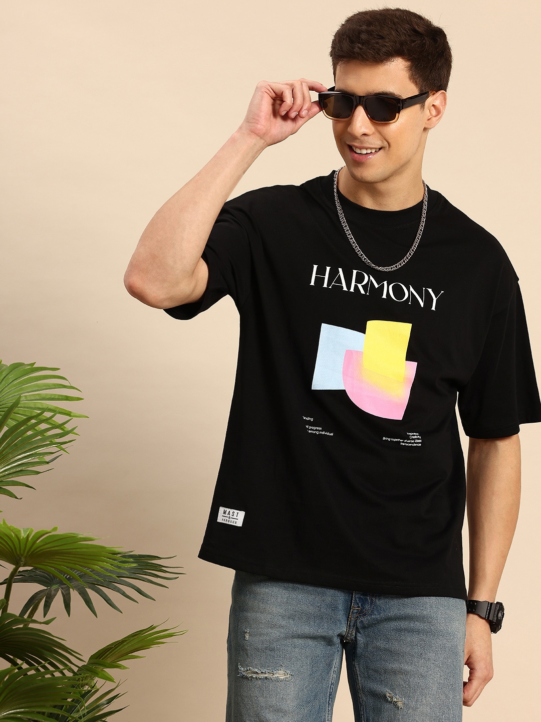 

Mast & Harbour Oversized Fit Graphic Printed Drop-Shoulder Sleeves Pure Cotton T-shirt, Black
