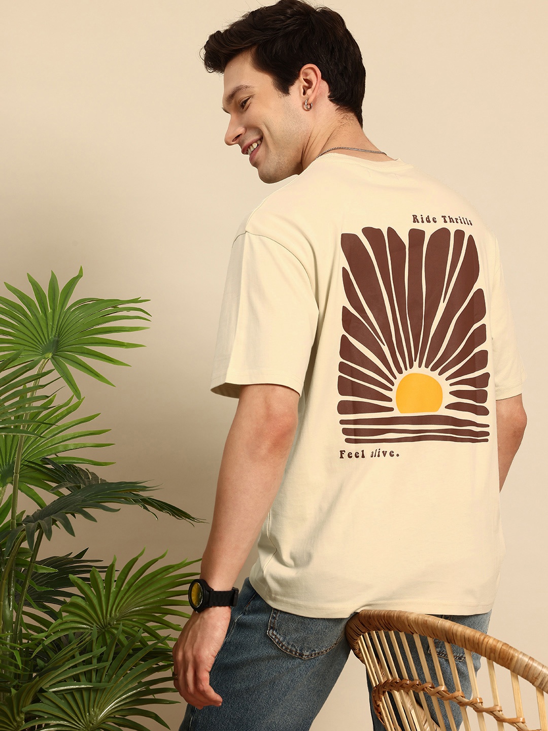 

Mast & Harbour Printed Drop-Shoulder Sleeves Pure Cotton Oversized T-shirt, Beige