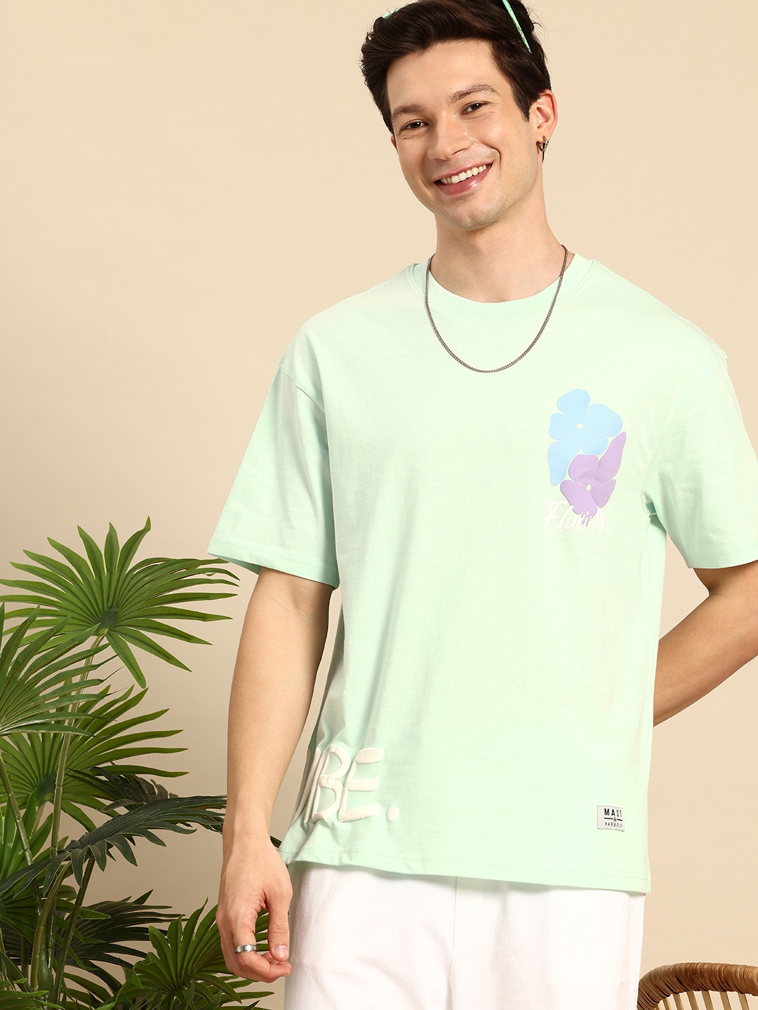 

Mast & Harbour Pure Cotton Typography Printed Drop-Shoulder Sleeves Oversized T-shirt, Sea green