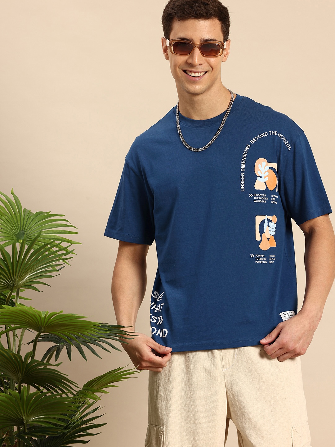 

Mast & Harbour Printed Drop-Shoulder Sleeves Oversized Pure Cotton T-shirt, Navy blue