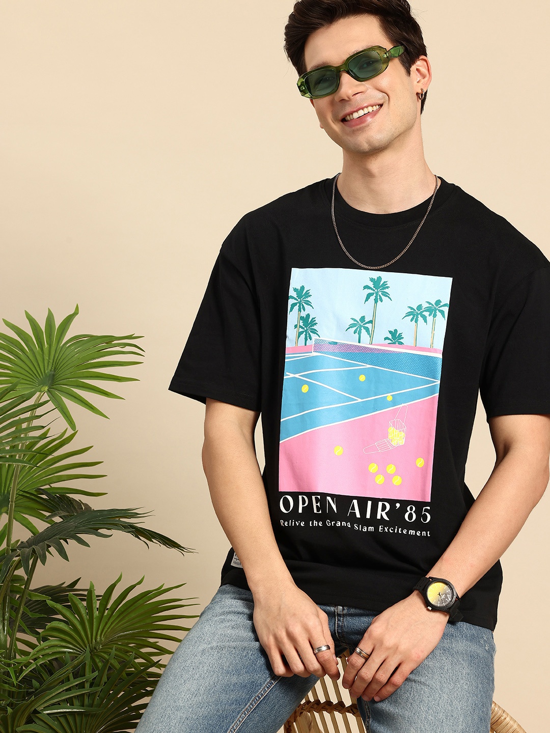 

Mast & Harbour Printed Drop-Shoulder Sleeves Pure Cotton Oversized T-shirt, Black