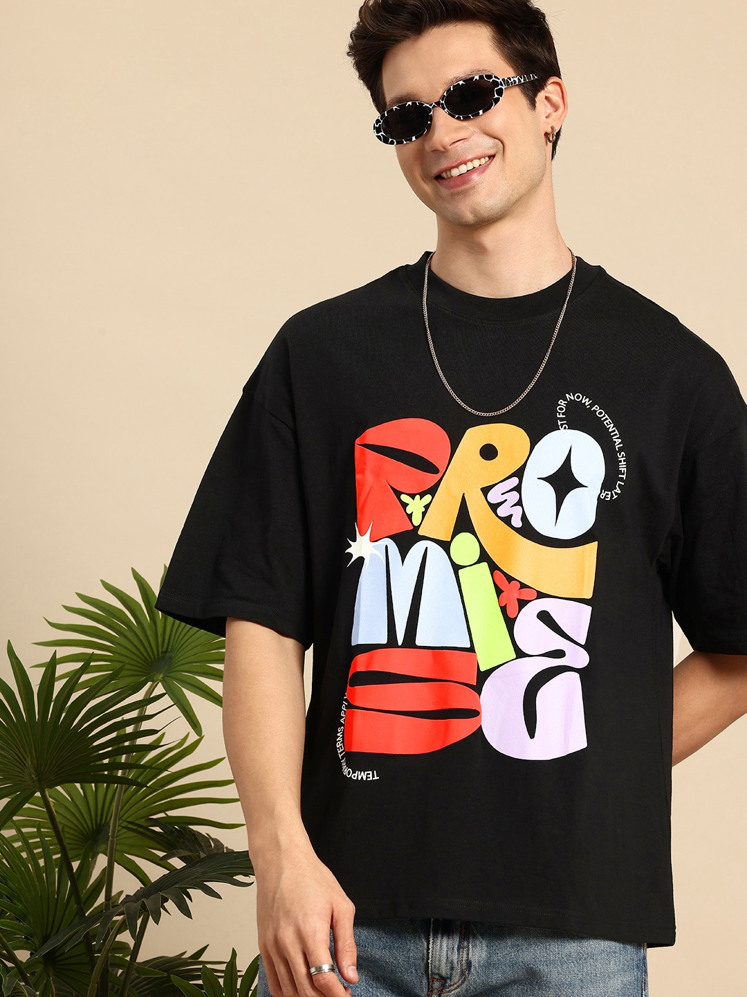 

Mast & Harbour Oversized Fit Typography Printed Drop-Shoulder Sleeves Pure Cotton T-shirt, Black