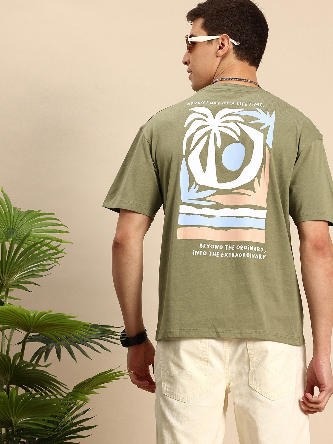 

Mast & Harbour Printed Drop-Shoulder Sleeves Oversized Pure Cotton T-shirt, Olive