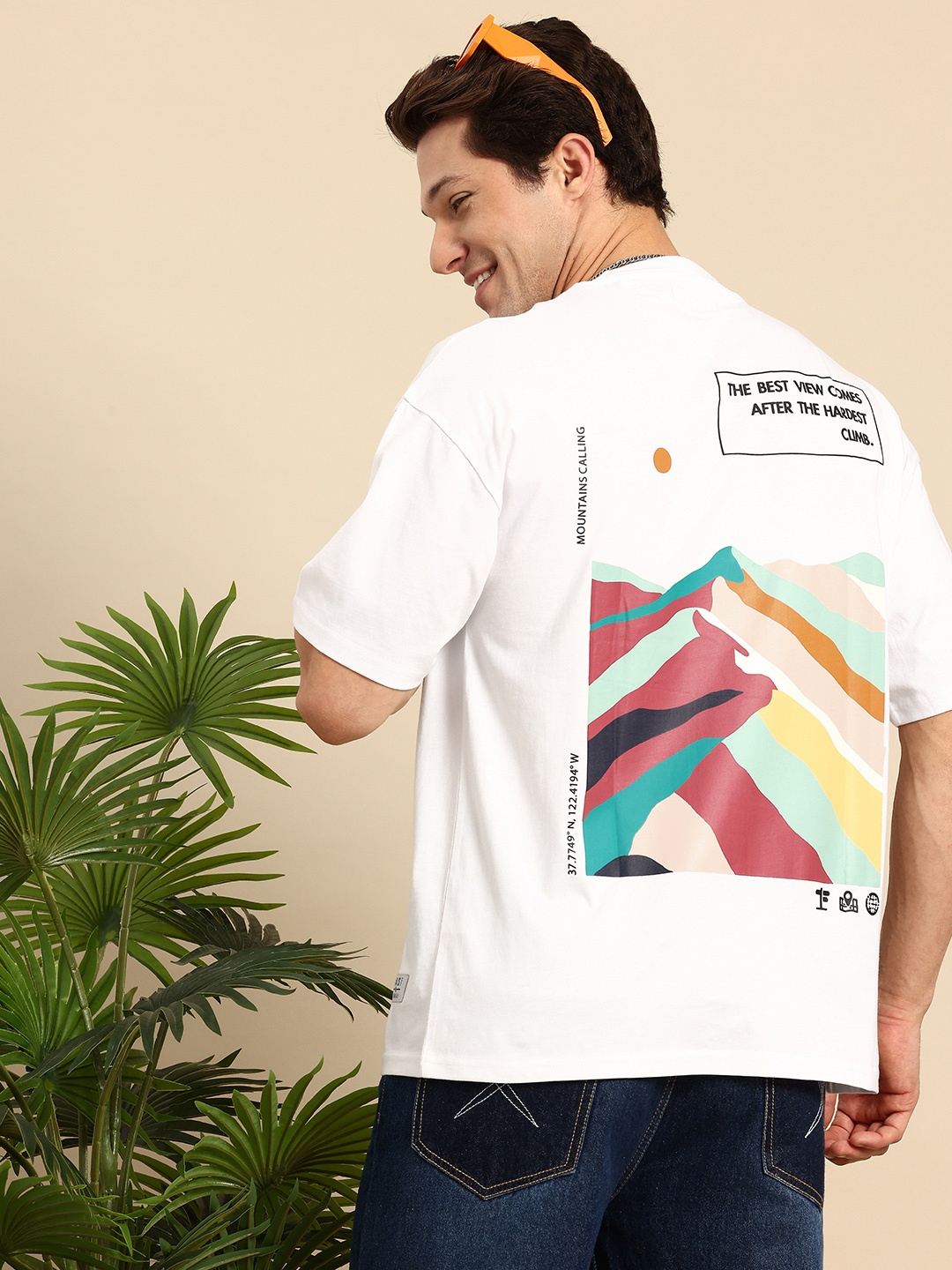 

Mast & Harbour Printed Drop-Shoulder Sleeves Pure Cotton Oversized T-shirt, White