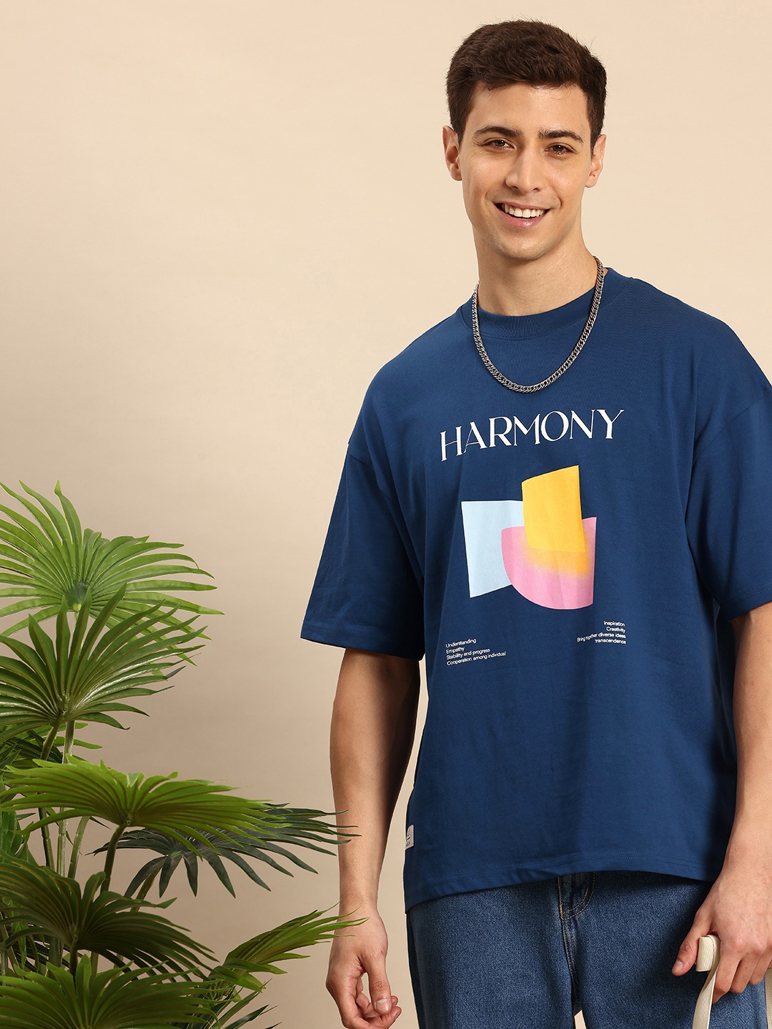 

Mast & Harbour Printed Drop-Shoulder Sleeves Oversized Pure Cotton T-shirt, Blue