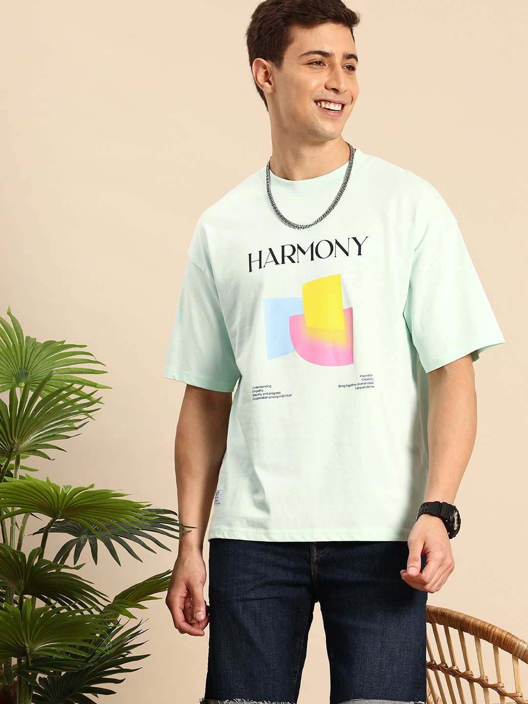 

Mast & Harbour Pure Cotton Typography Printed Drop-Shoulder Sleeves Oversized T-shirt, Sea green