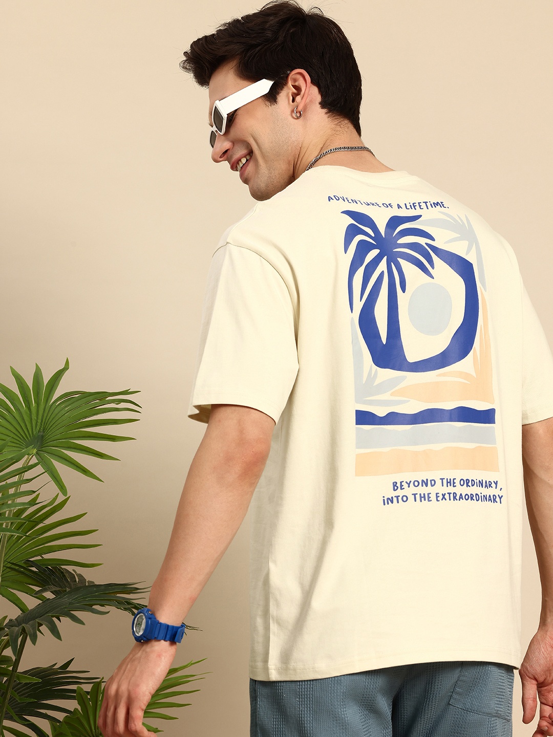 

Mast & Harbour Printed Drop-Shoulder Sleeves Pure Cotton Oversized T-shirt, Beige