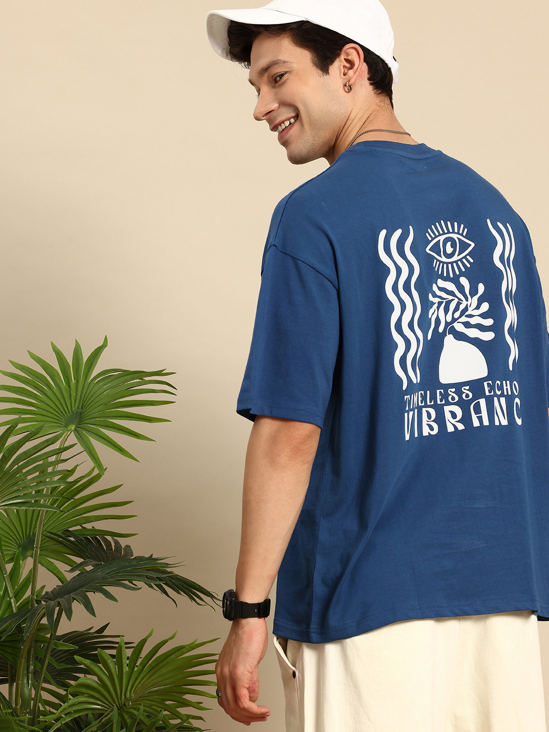 

Mast & Harbour Graphic Printed Drop-Shoulder Sleeves Oversized Pure Cotton T-shirt, Navy blue