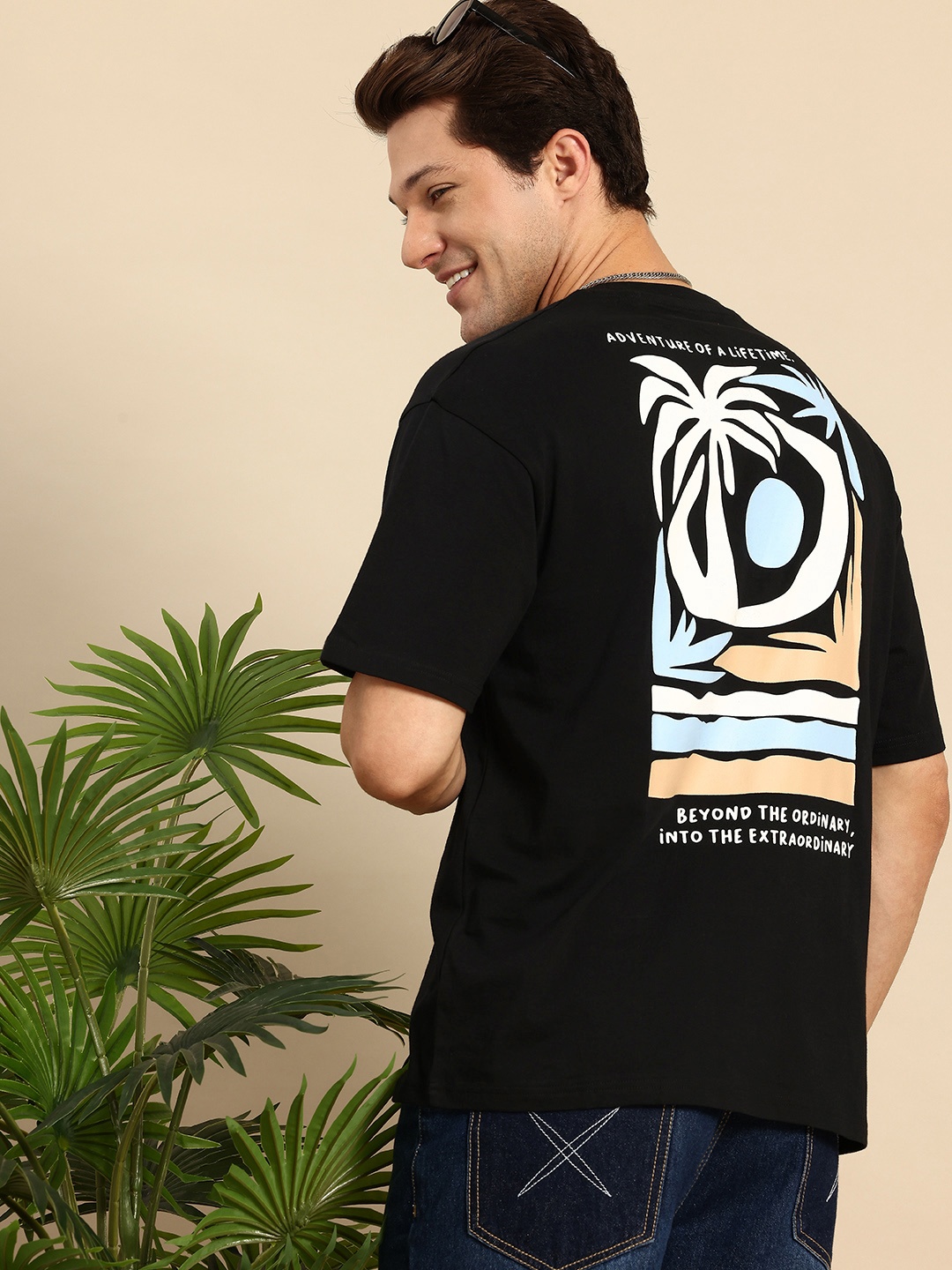 

Mast & Harbour Printed Drop-Shoulder Sleeves Pure Cotton Oversized T-shirt, Black