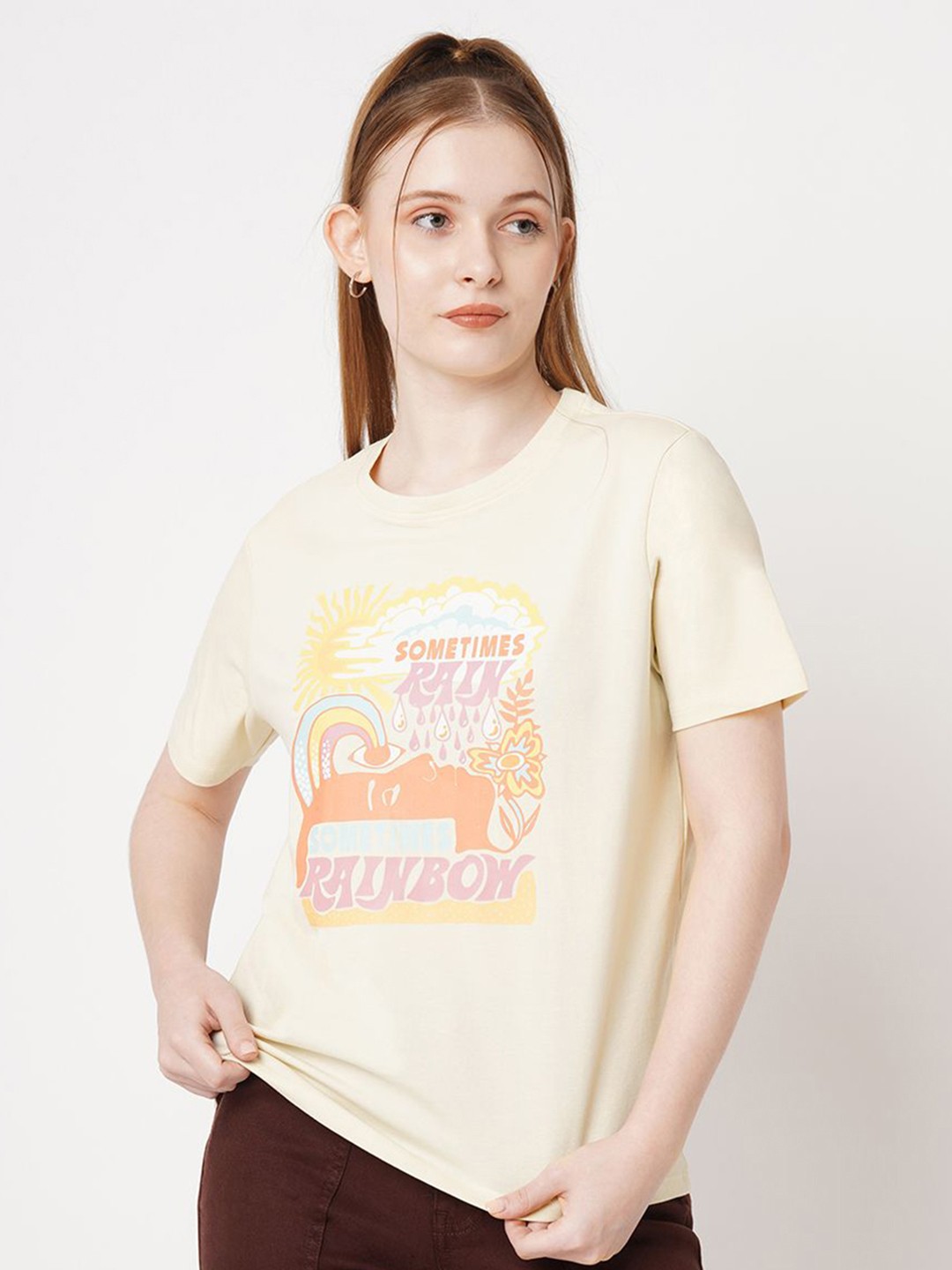 

Kraus Jeans Women Typography Printed Round Neck Cotton Slim Fit T-shirt, Cream