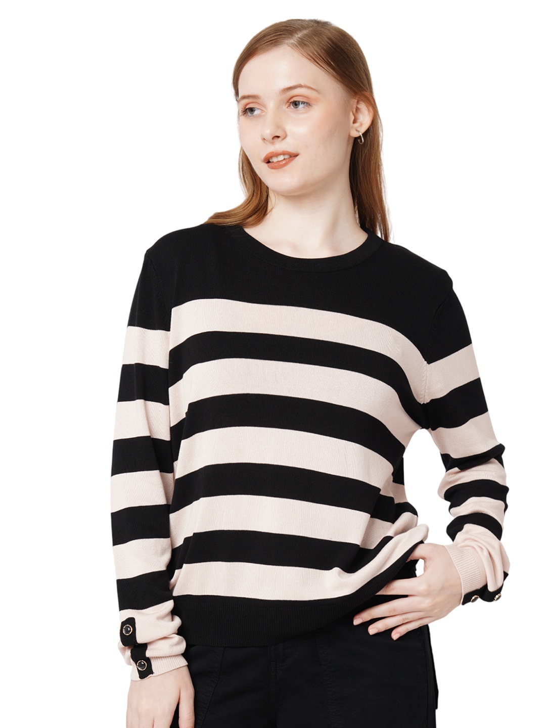 

Kraus Jeans Women Striped Pockets Slim Fit T-shirt, Black