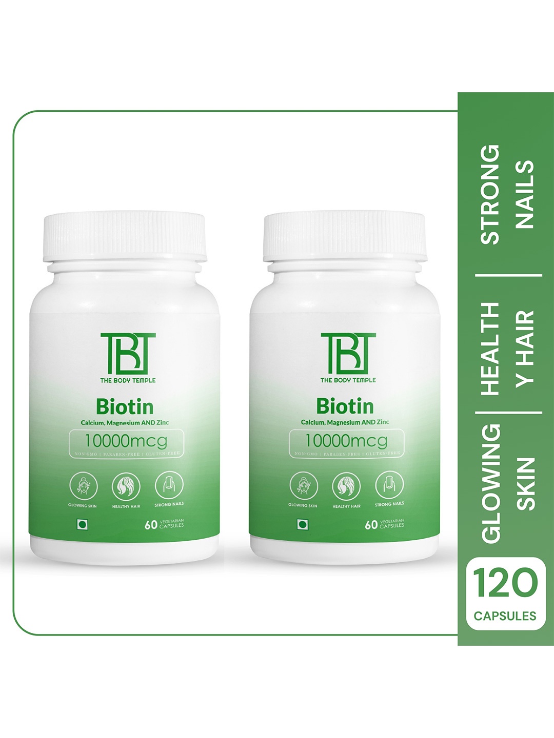 

The Body Temple Set of 2 Biotin 10000mcg Capsules for Hair-Skin & Nail - 60 Capsules Each, White