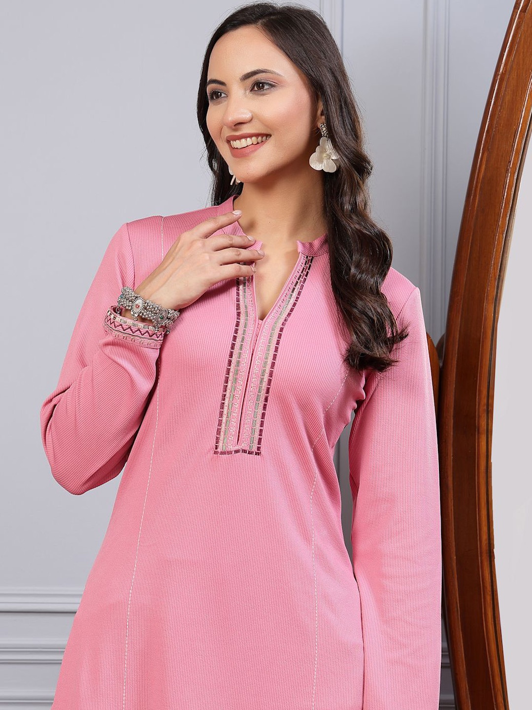 

Nayam By Lakshita Ethnic Motifs Yoke Design Thread Work A-Line Kurta With Palazzos, Pink