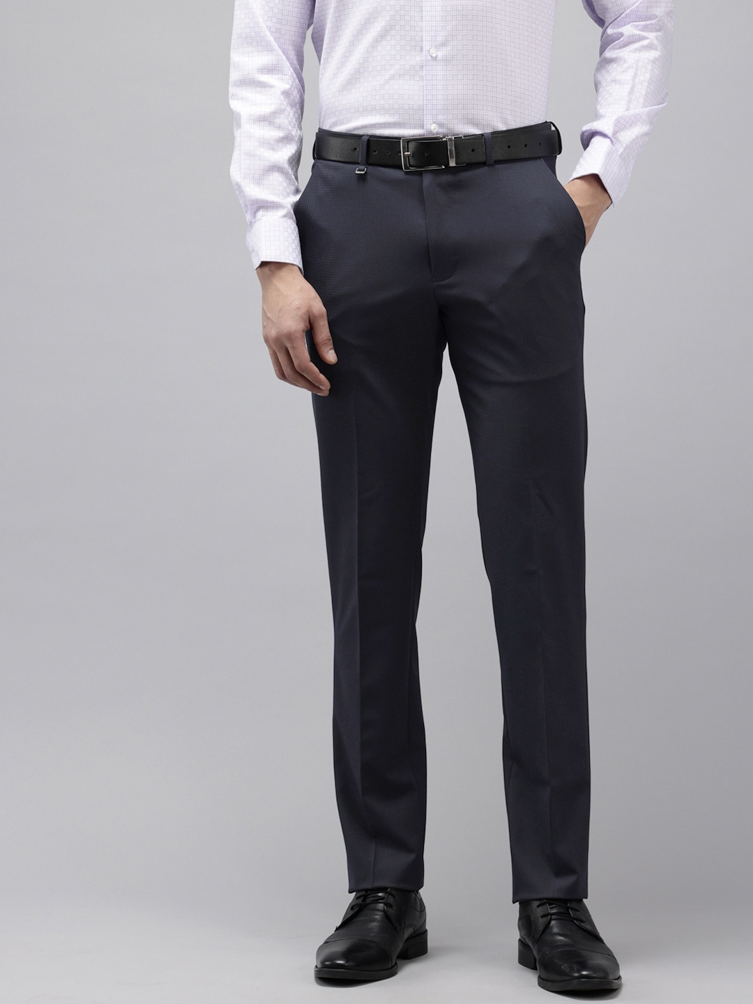 

Van Heusen Men Self Design Textured Slim Fit Formal Trousers, Navy blue