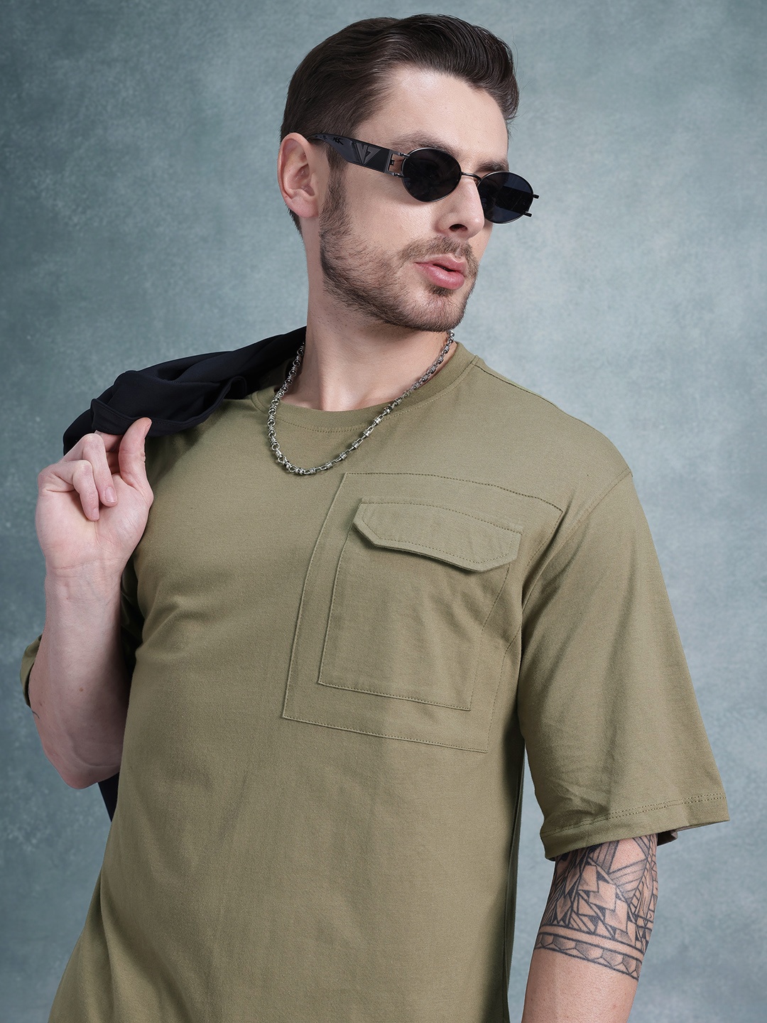 

The Roadster Life Co. Drop-Shoulder Sleeves Pure Cotton Relaxed T-shirt, Olive