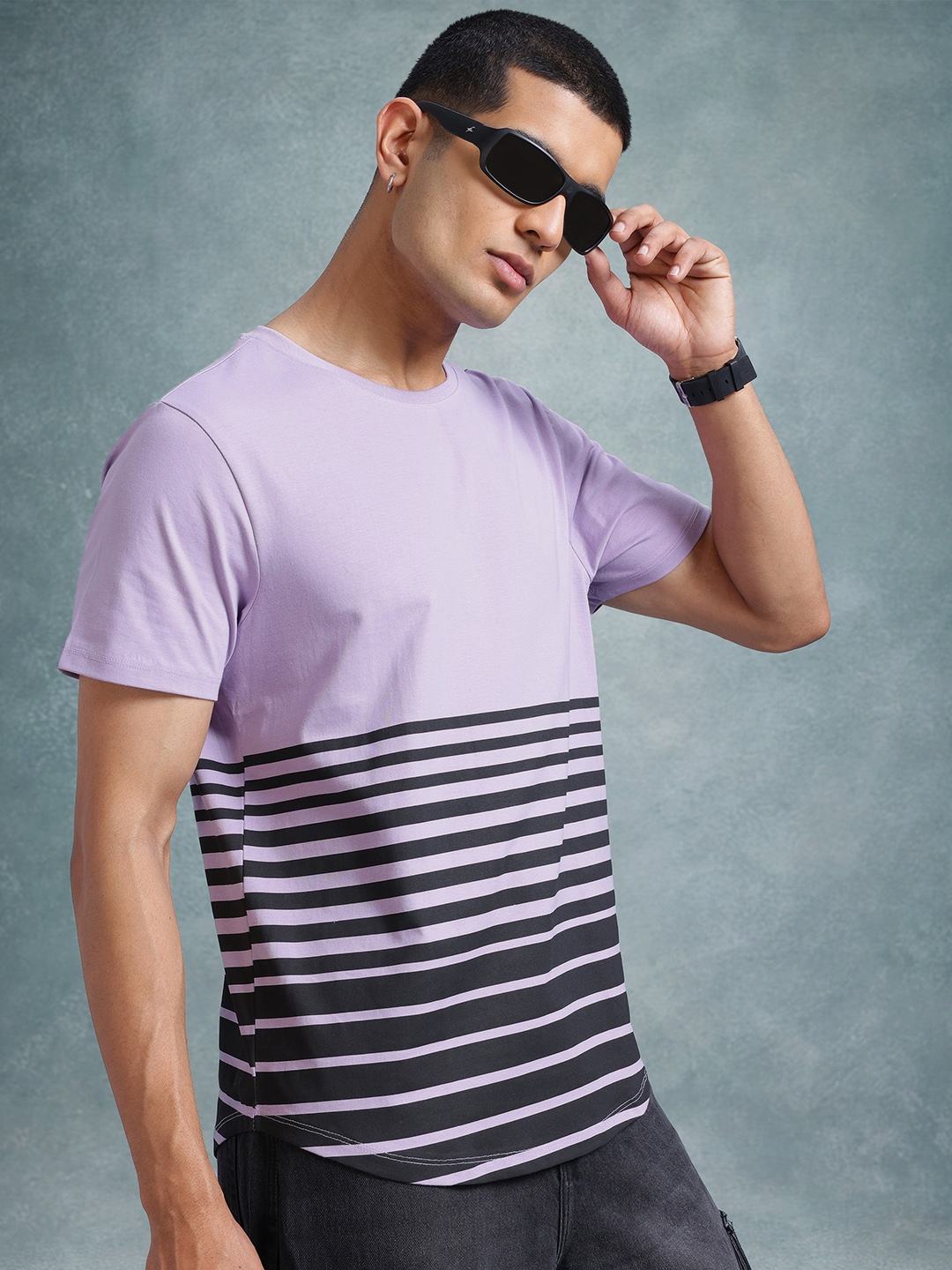 

The Roadster Life Co. Horizontally Striped Pure Cotton T-shirt, Purple