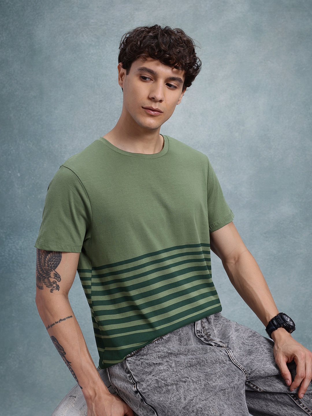 

The Roadster Life Co. Striped Regular Fit Pure Cotton T-Shirt, Olive