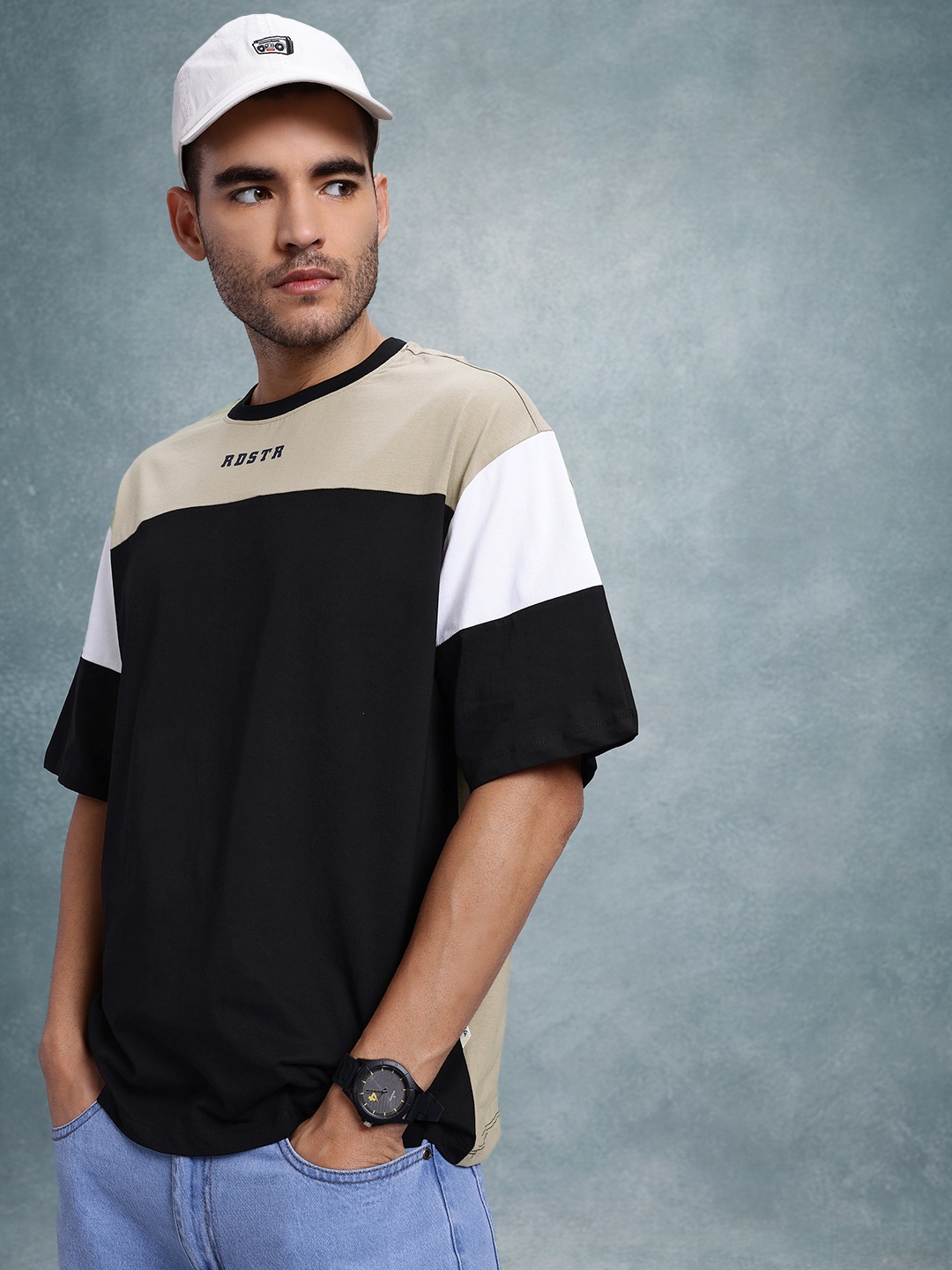 

The Roadster Life Co. Relaxed Fit Colourblocked Pure Cotton T-shirt, Black