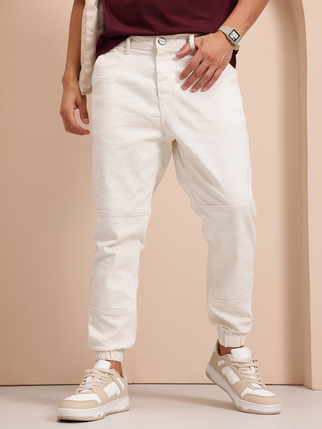 

Mast & Harbour Men Stretchable Joggers Style Jeans, Beige