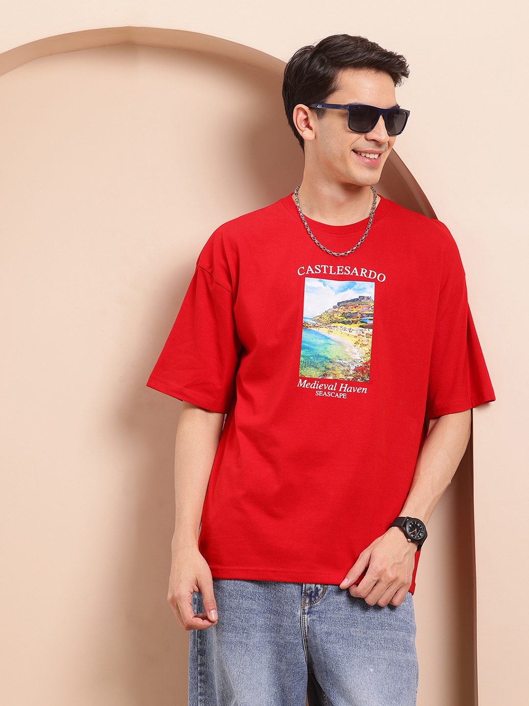 

Mast & Harbour Men Printed Oversized T-shirt, Red