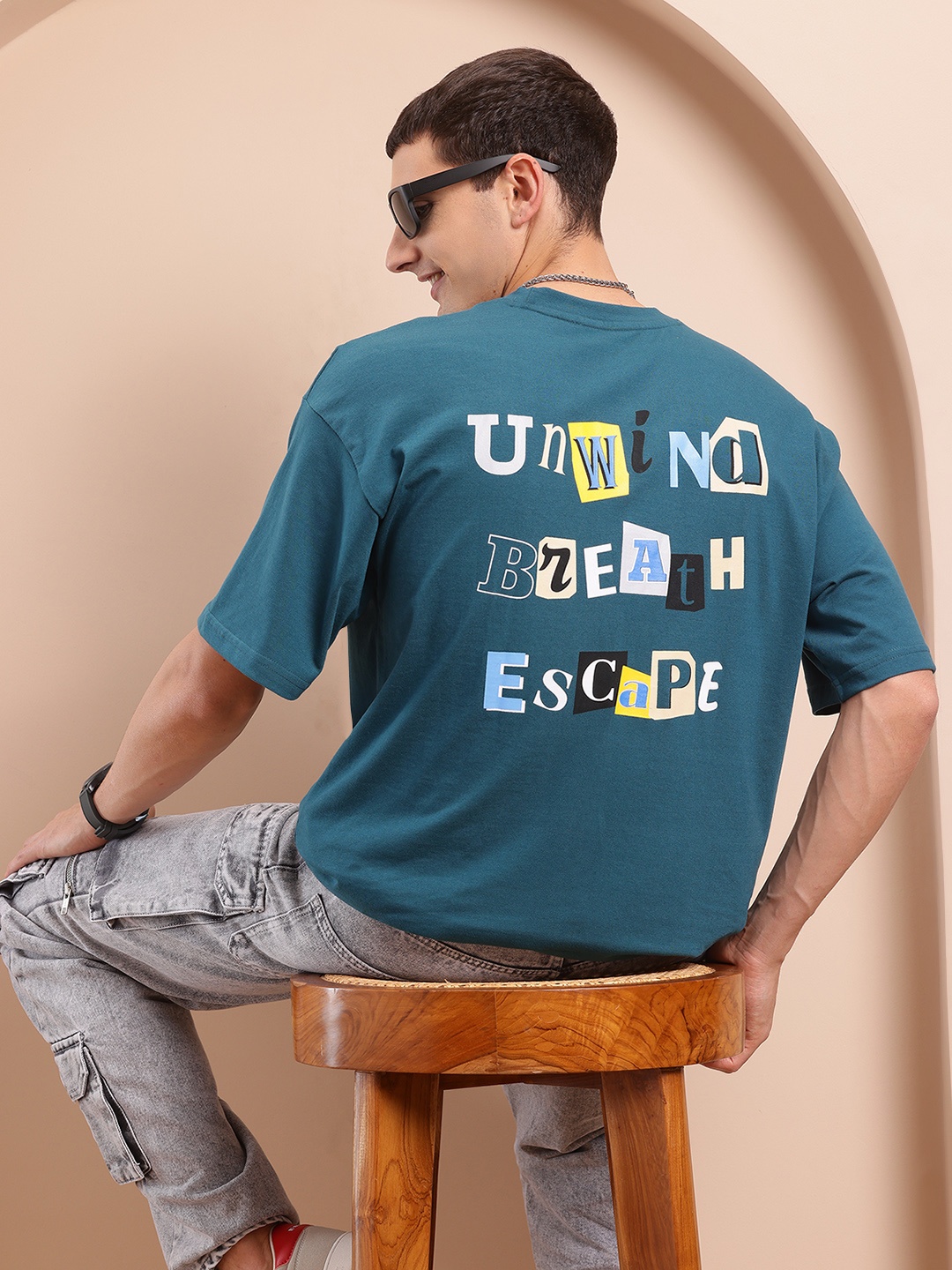 

Mast & Harbour Men Typography Printed Oversized T-shirt, Teal