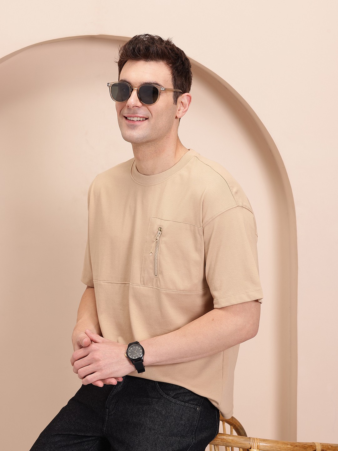 

Mast & Harbour Relaxed Fit Zip Detail T-shirt, Beige