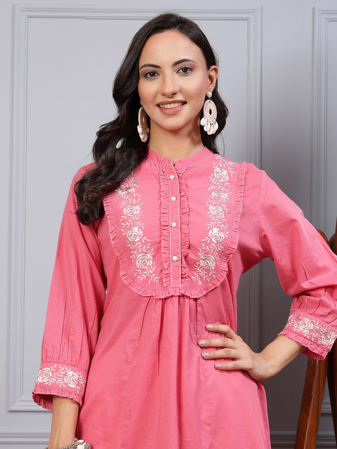 

Nayam By Lakshita Women Floral Embroidered A-line Cotton Tunics, Pink