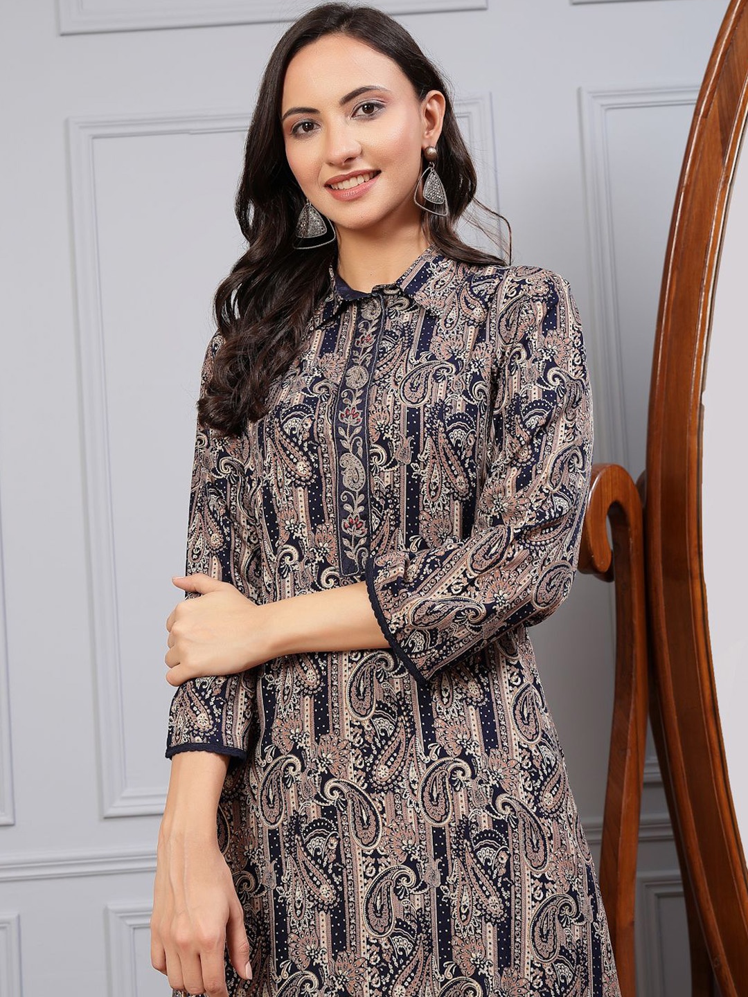 

Nayam By Lakshita Paisley Printed Shirt Collar A-Line Kurta With Palazzos, Blue